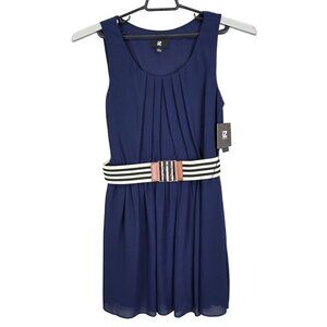 Womens Iz Byer Navy Sleeveless Dress Lined Striped Belt 100% Polyester Size L